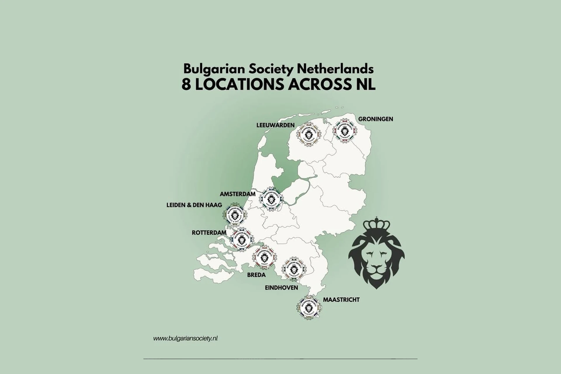 The association's own map of the Netherlands, marking its branches from Groningen and Leeuwarden down to Maastricht.