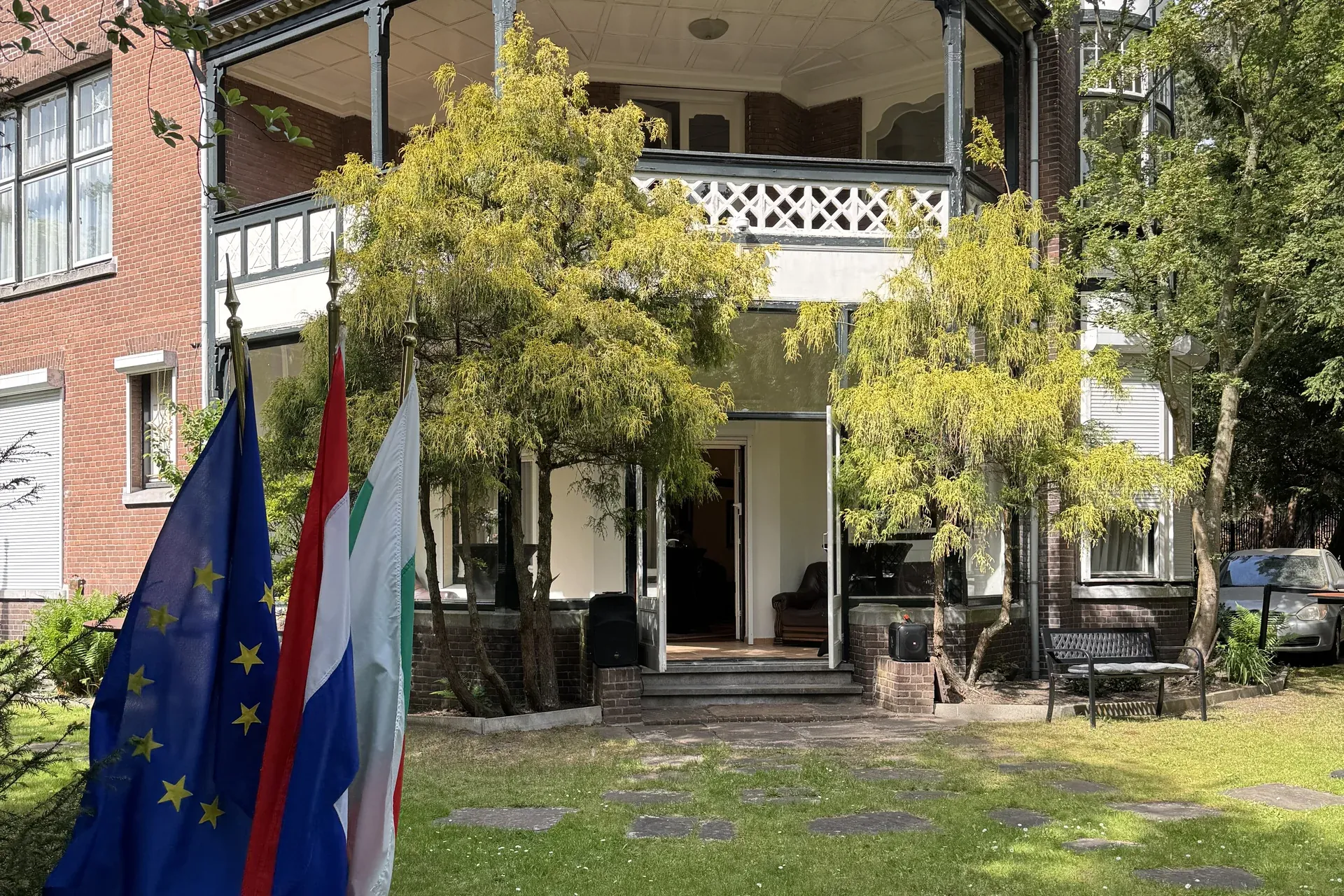 The Bulgarian embassy in The Hague, with the EU, Dutch and Bulgarian flags outside.