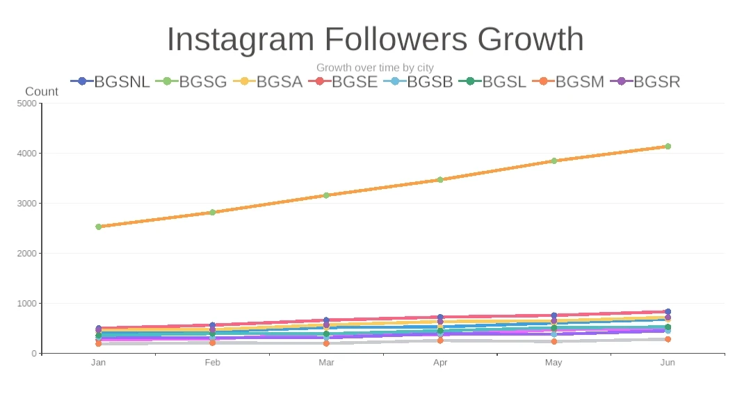 A line chart of Instagram followers over six months, one line per branch.