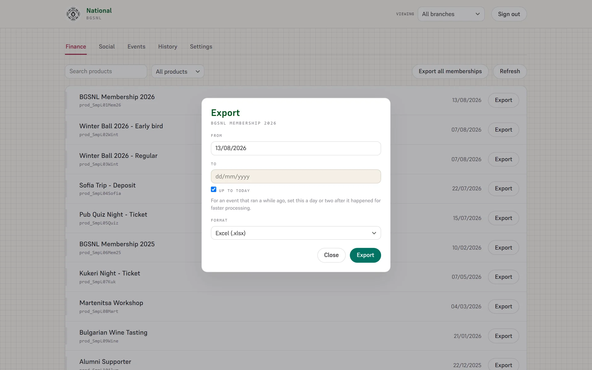 The export dialog, with a date range and a format picker.