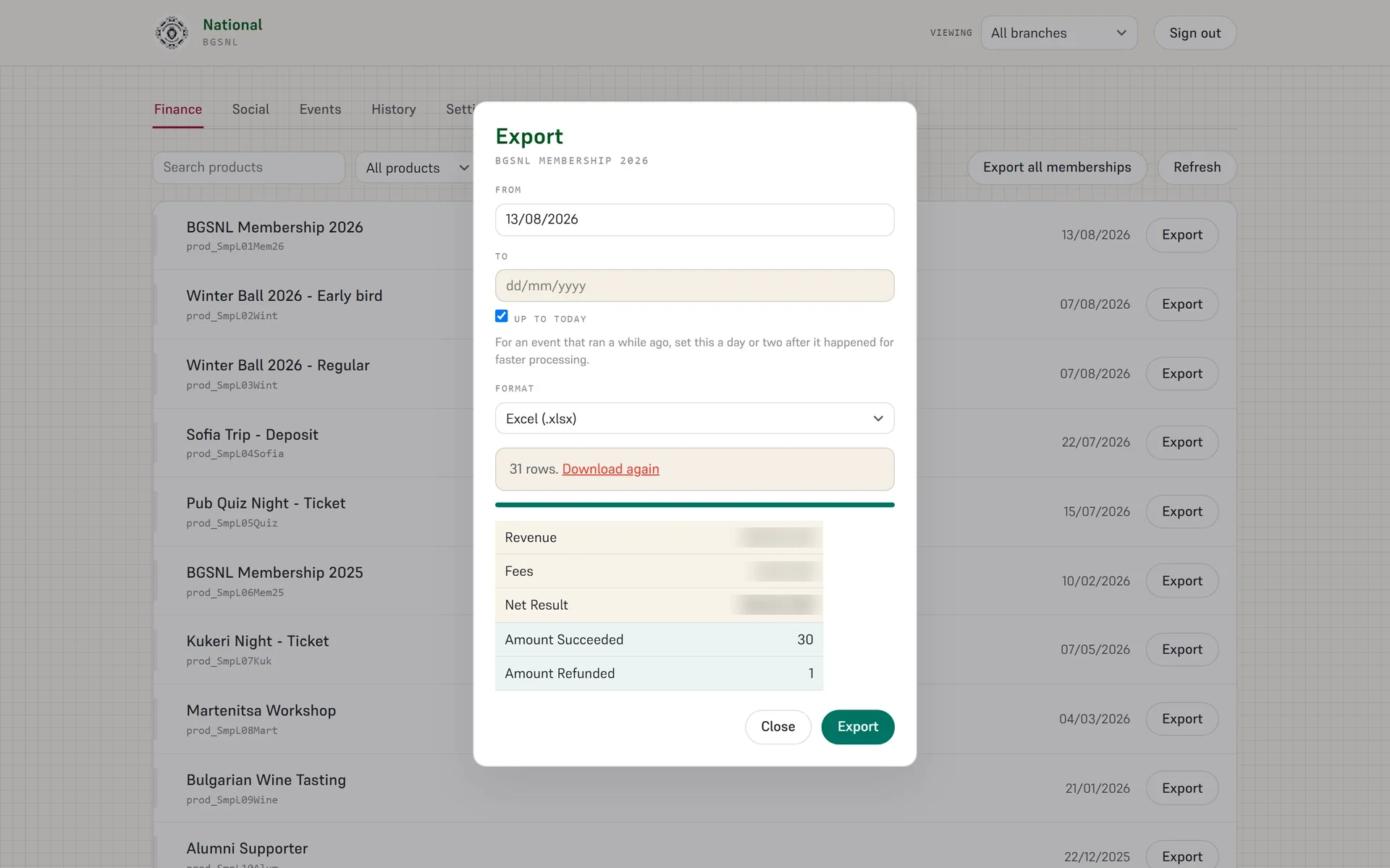 The finished export showing revenue, the fees withheld, and the net result.