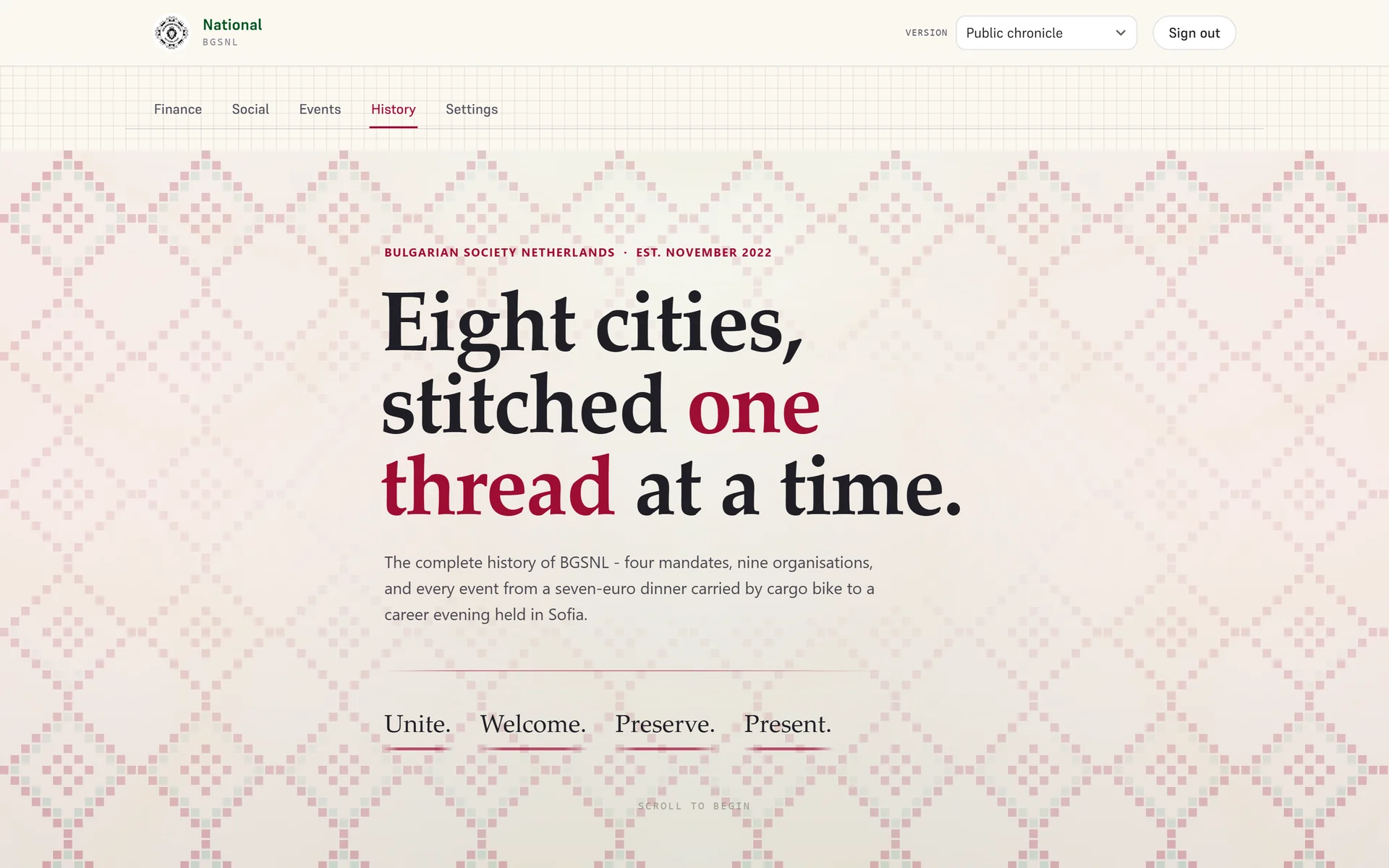 The Chronicle history embedded inside the dashboard, over a Bulgarian folk-motif background.
