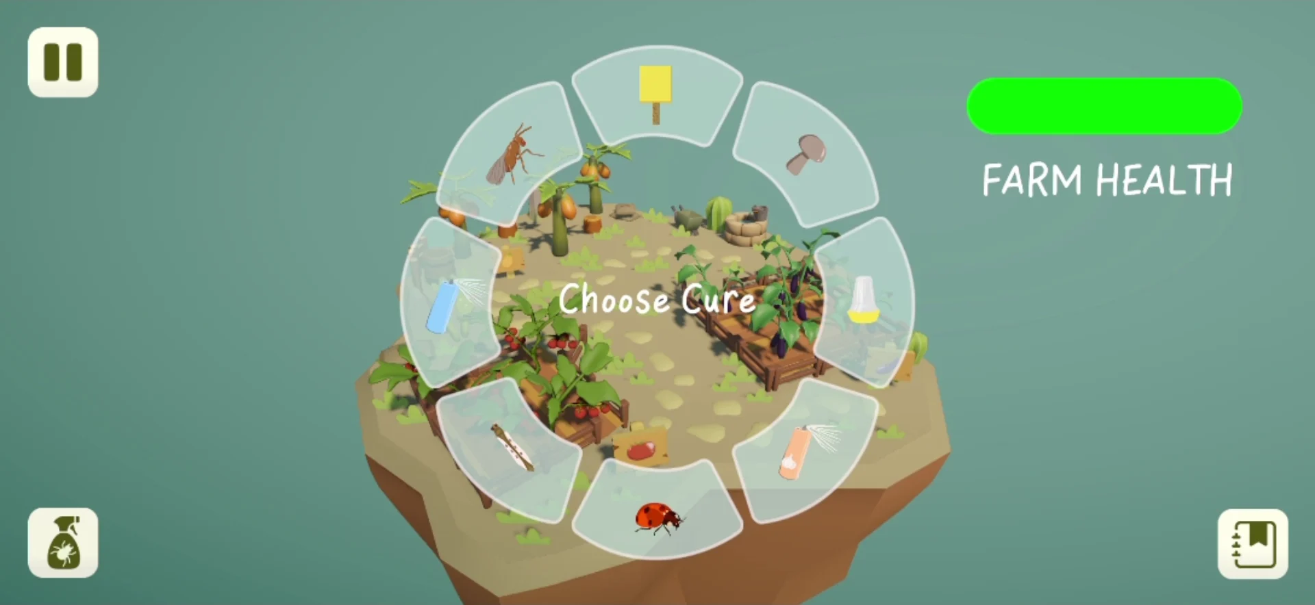 The cure wheel open over the farm, with eight cures around it.