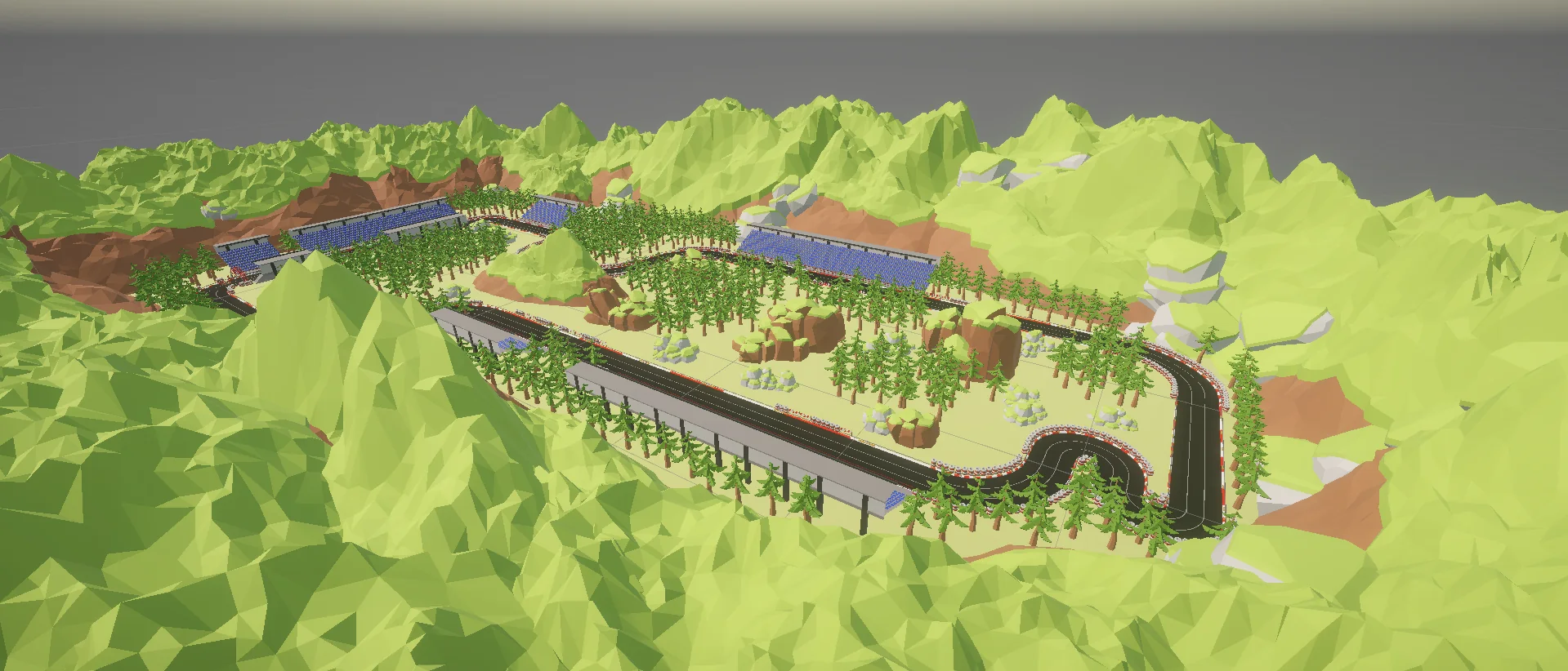 The low-poly track winding through green hills.