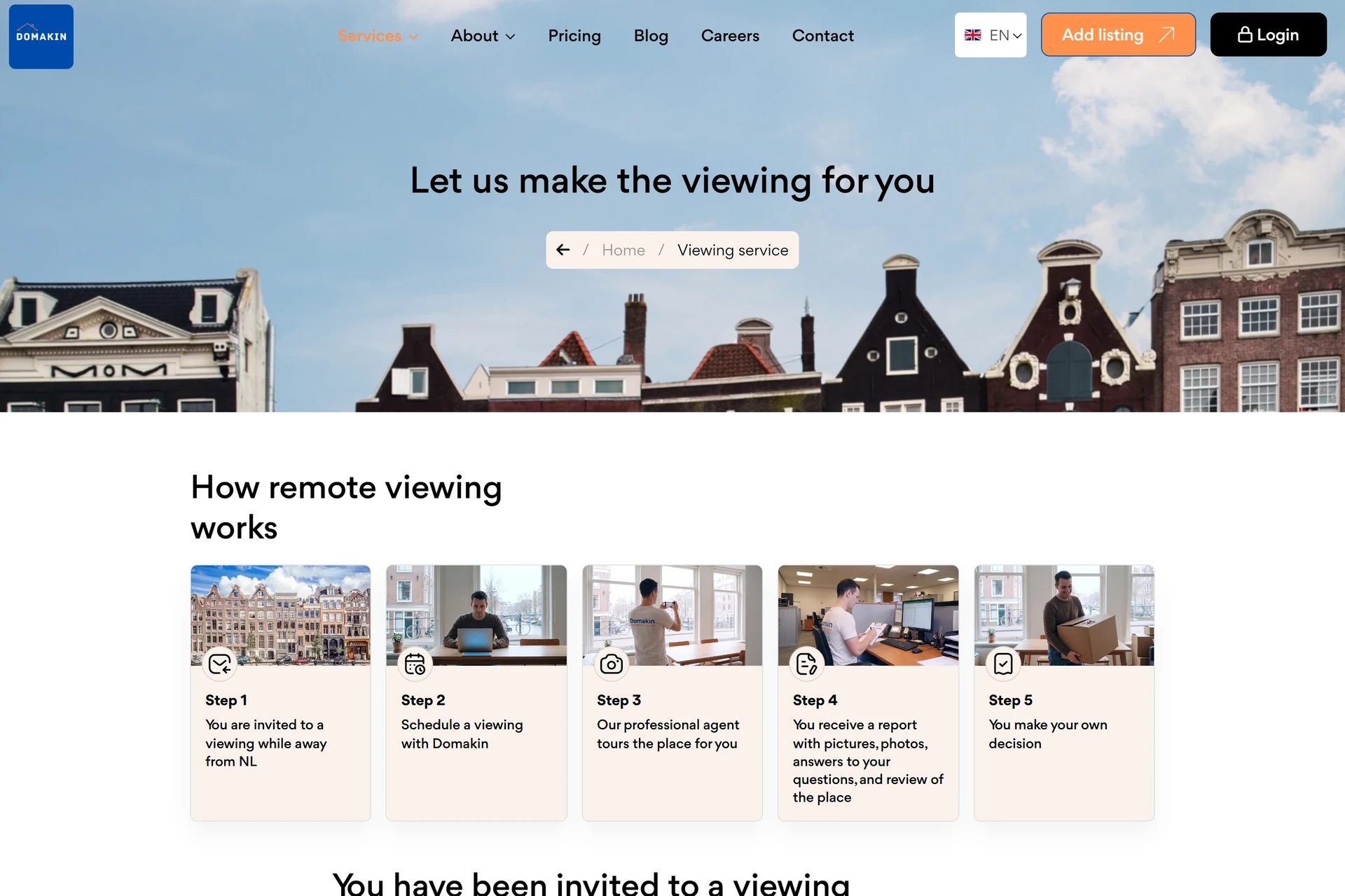 The five steps of the remote viewing service on Domakin.nl, from being invited to a viewing while abroad through to making your own decision.