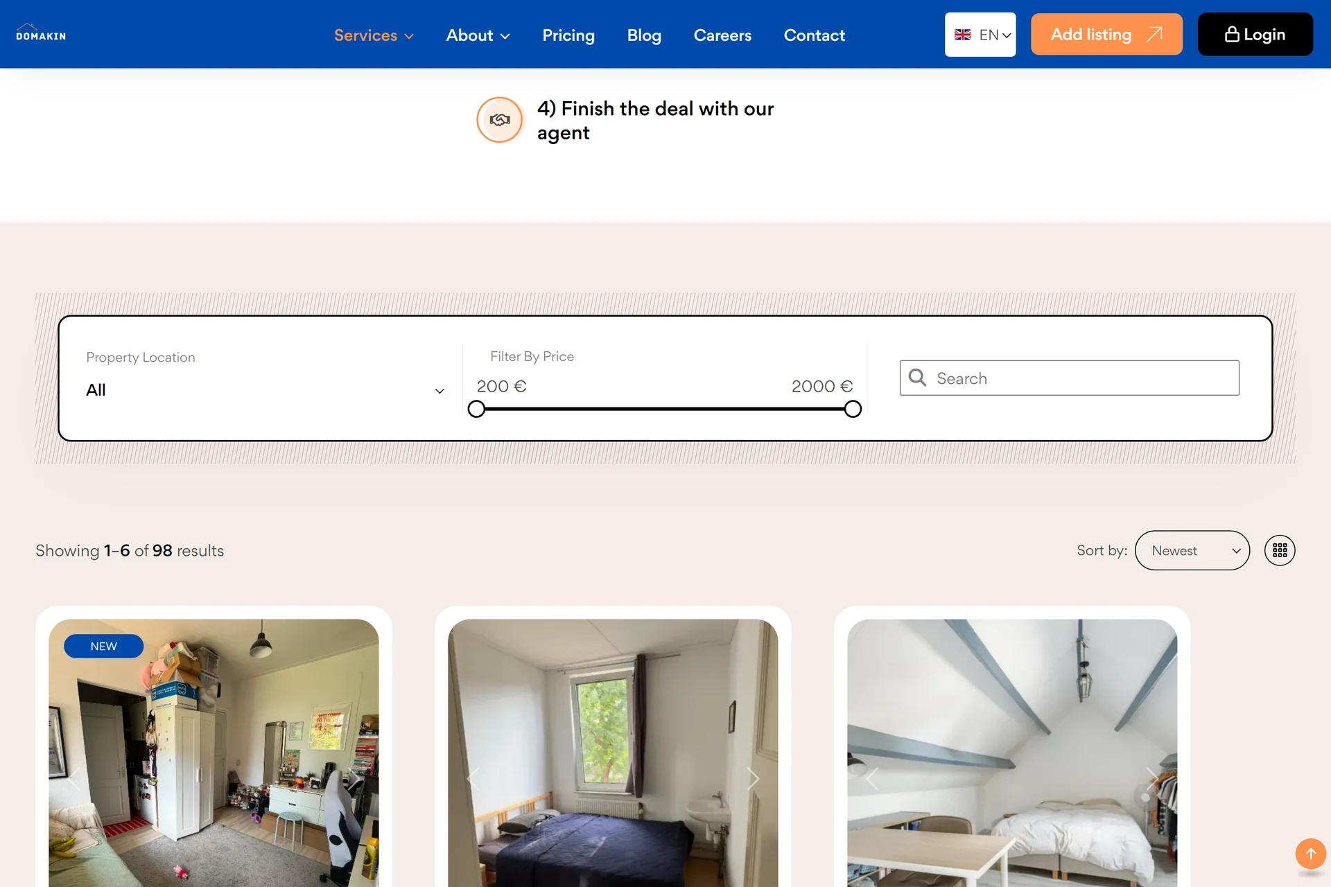 The Domakin property catalogue, with filters for city and price above a grid of available rooms.