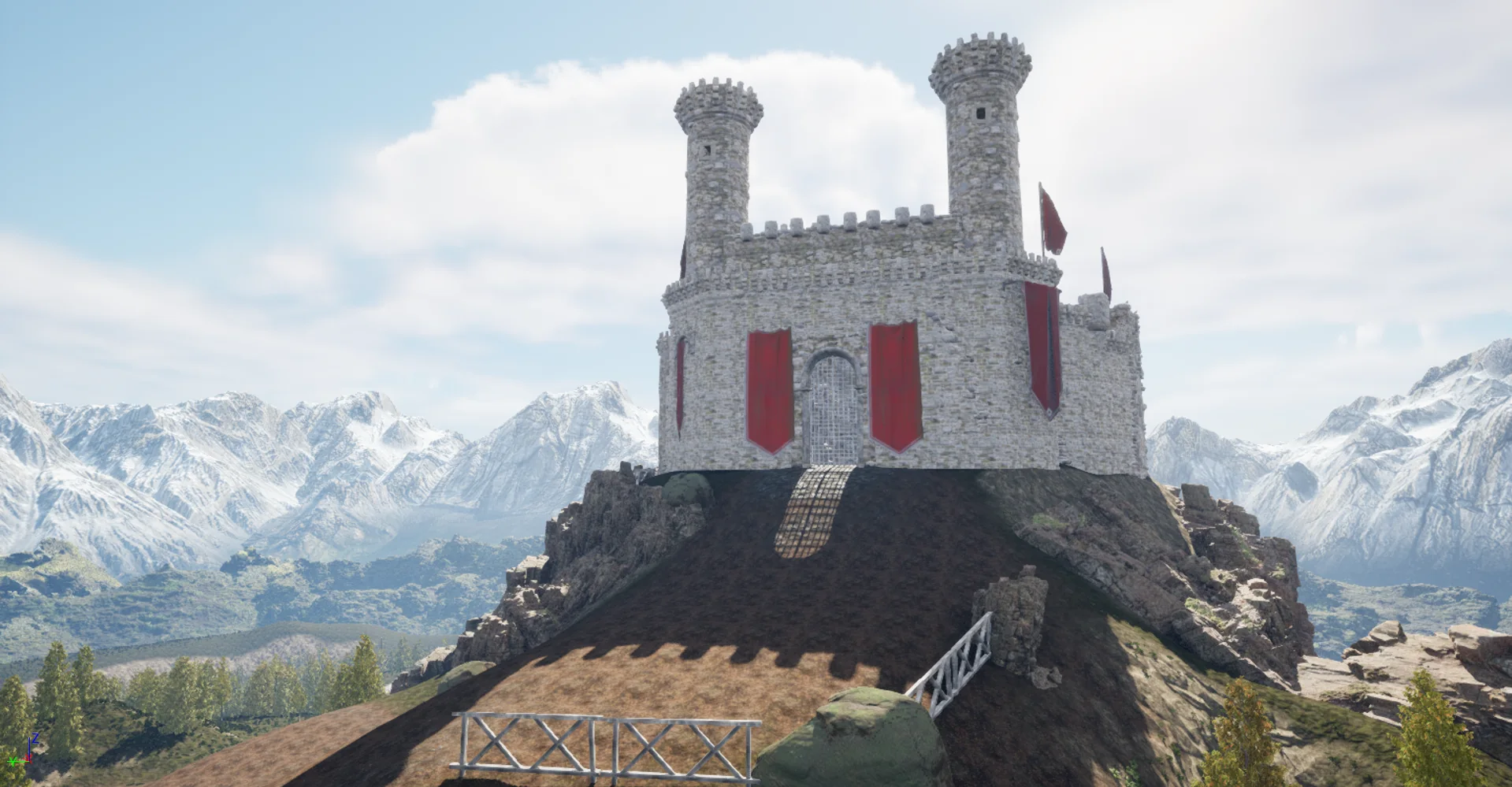 The castle on its cliff, mountains behind.