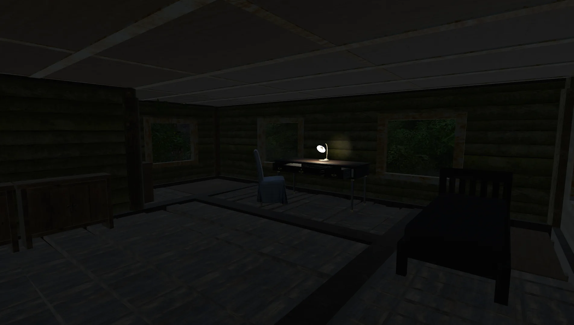 The interior of the ranger's cabin at night.