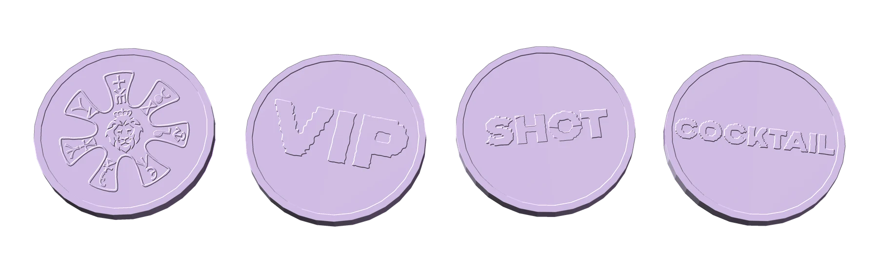 Four 3D-printed tokens: a crowned-lion emblem, and three reading VIP, SHOT and COCKTAIL.