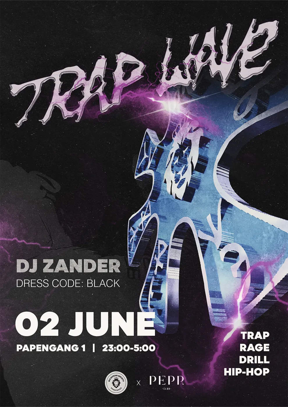 The first poster: a chrome bolt over purple lightning, 02 June, dress code black.