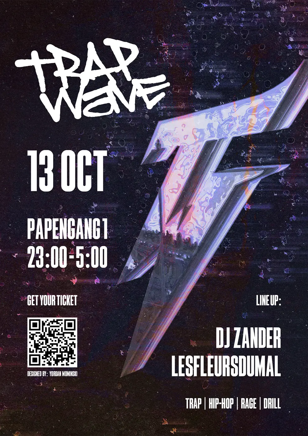 The second poster: an iridescent chrome bolt on a glitched dark ground, 13 Oct.