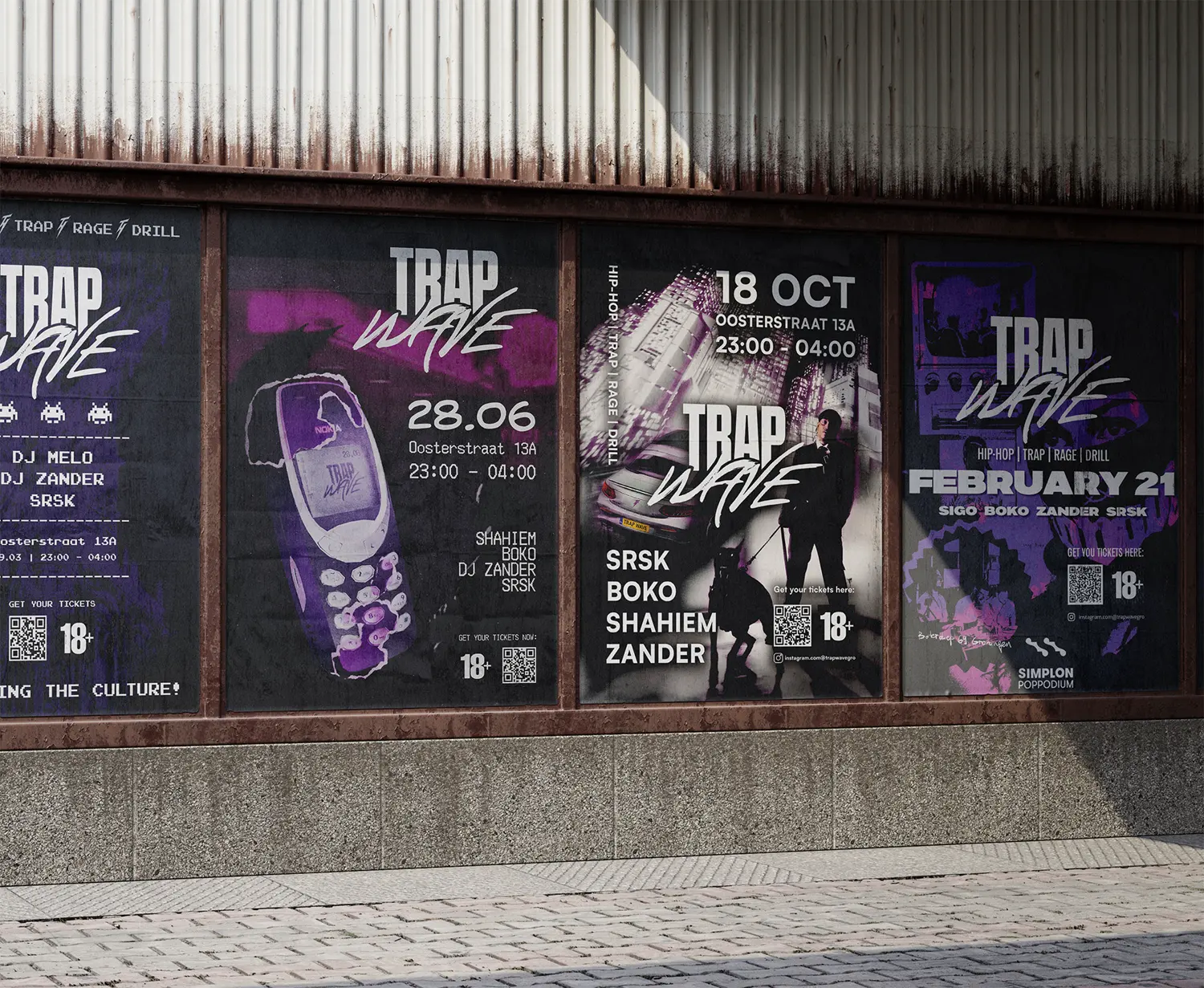 Five of the event posters pasted in a row behind glass on a street hoarding.