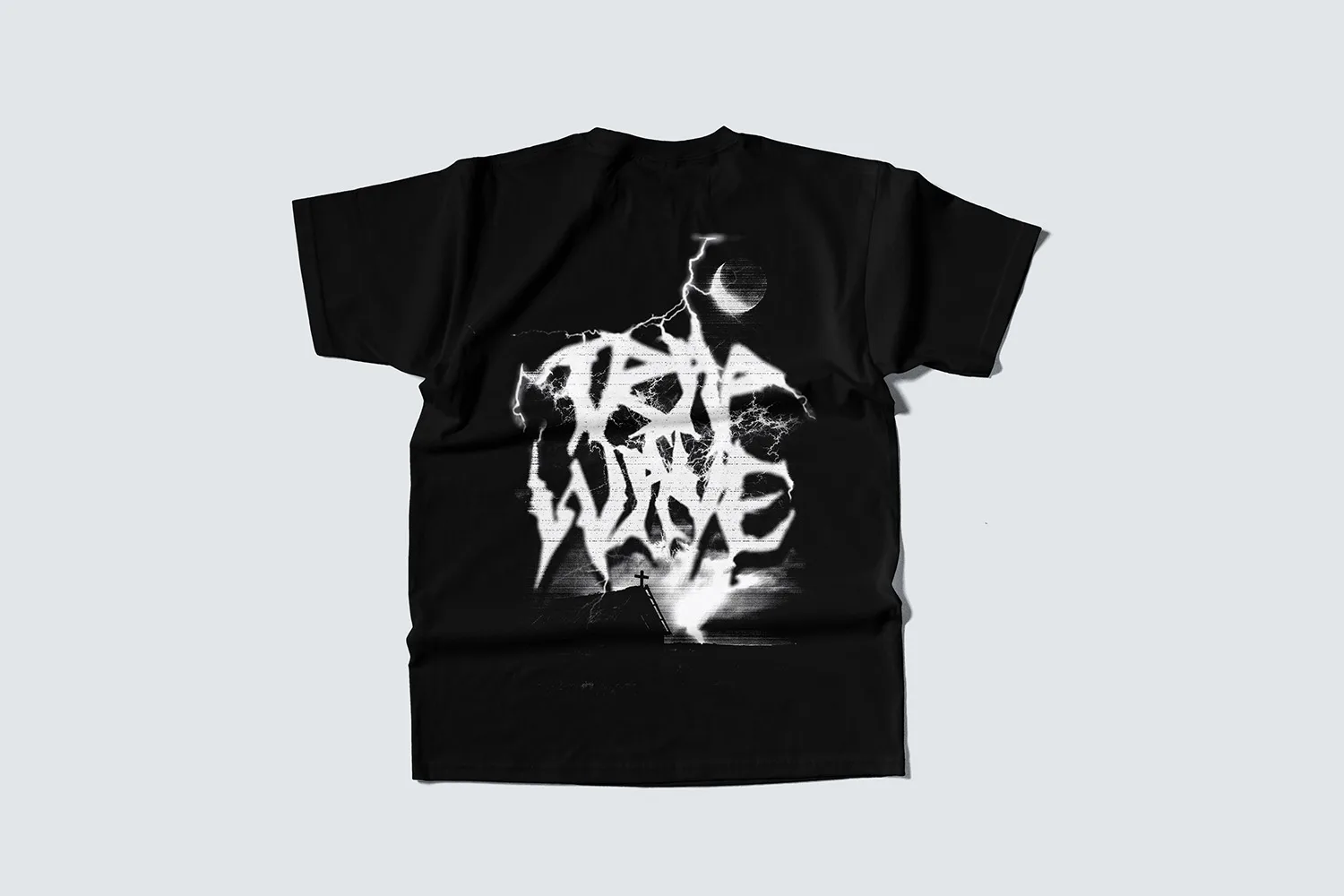 The back of the black tee: a blown-out lightning wordmark in white.