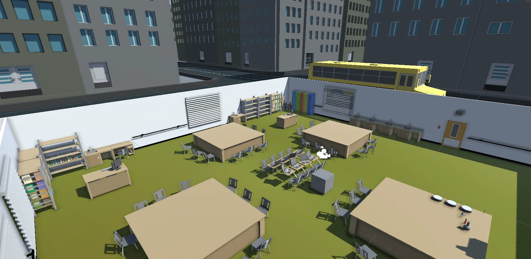 The virtual chemistry classroom, benches laid out in rows.