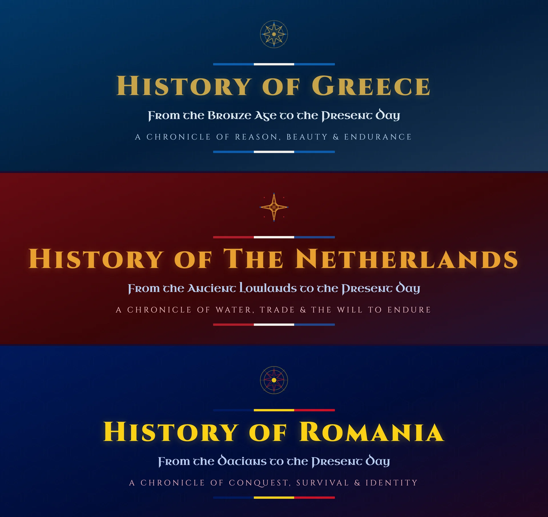 The title blocks of three country pages stacked, each in a different flag-derived palette.